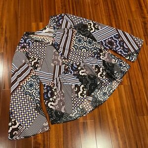 Nanette Lepore Blouse Top Patchwork Print Bell Sleeve V Neck Top Size Large